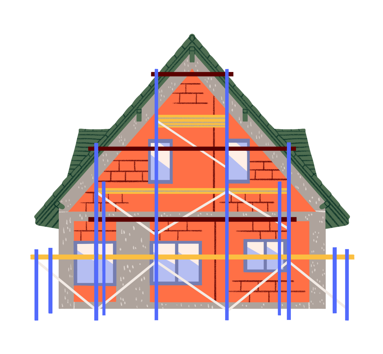 Casa in costruzione con ponteggi.