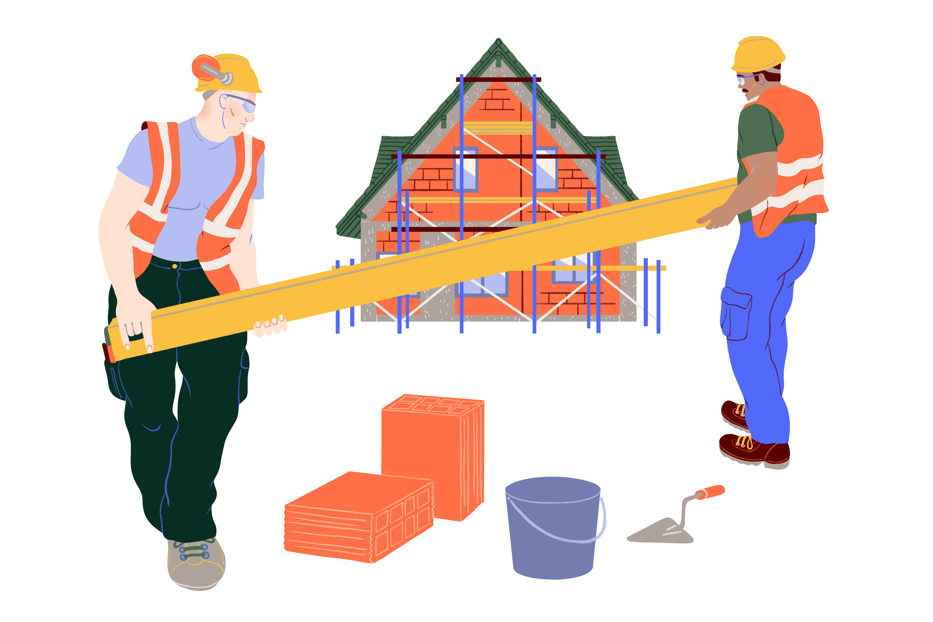 Cantiere con due operai e una casa in costruzione.