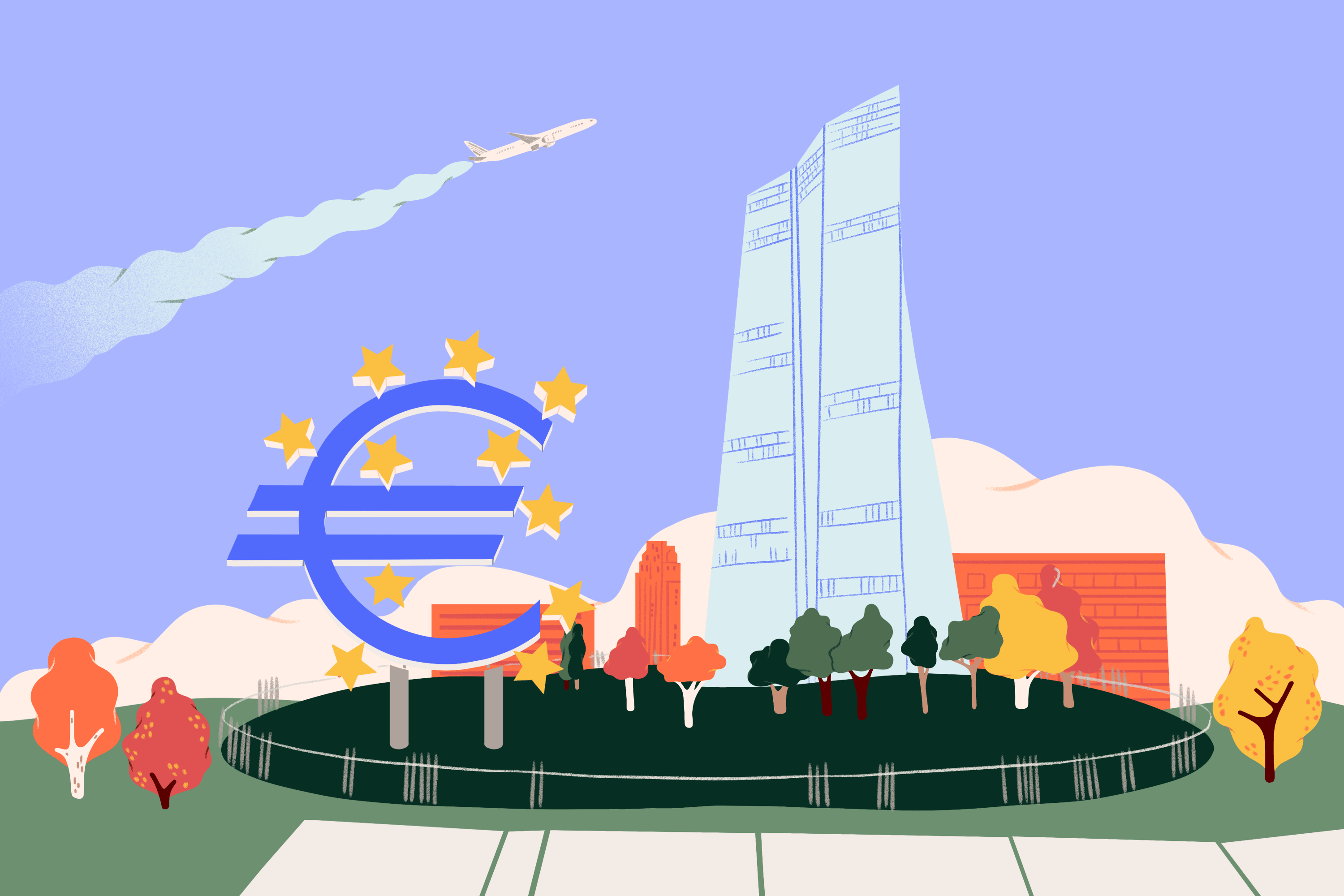 Illustrazione di un simbolo dell’euro con stelle su uno sfondo urbano.