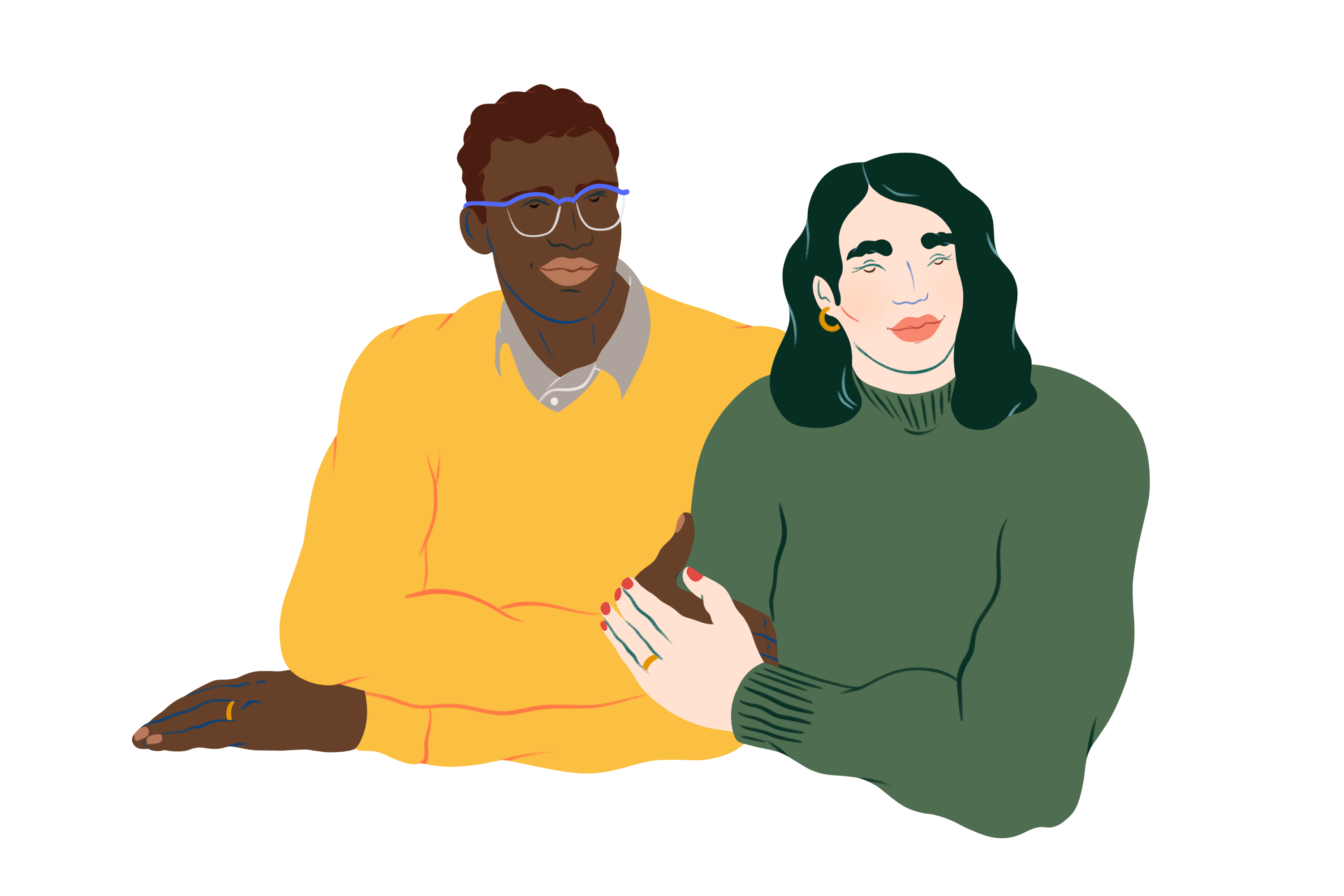 Coppia seduta vicina, uomo con maglione giallo e donna con maglione verde.