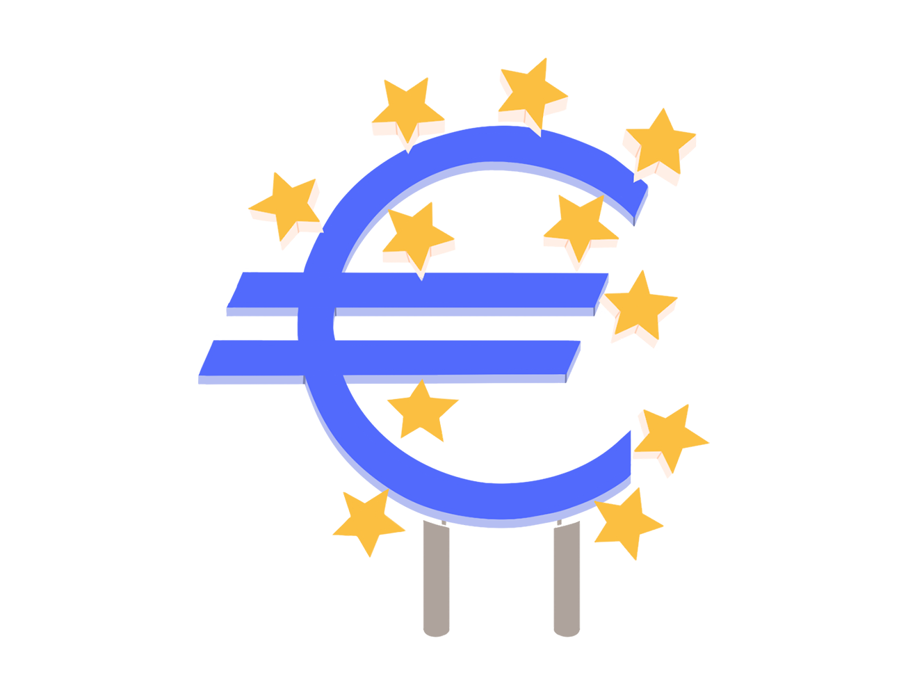 Simbolo blu dell’euro con stelle gialle stilizzate.