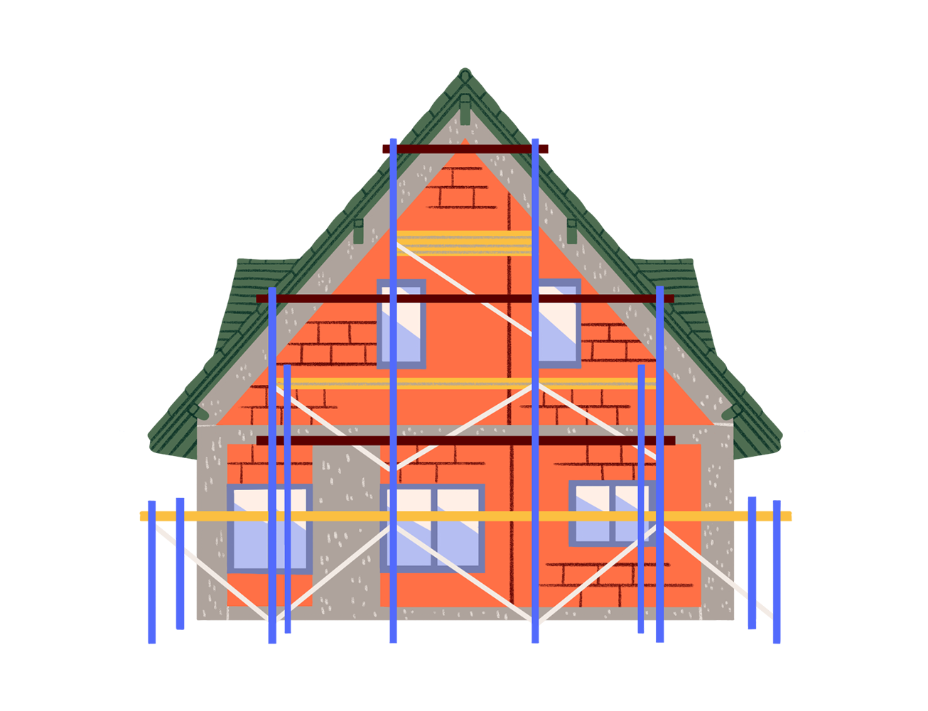 Illustrazione di una casa con impalcature per ristrutturazione.
