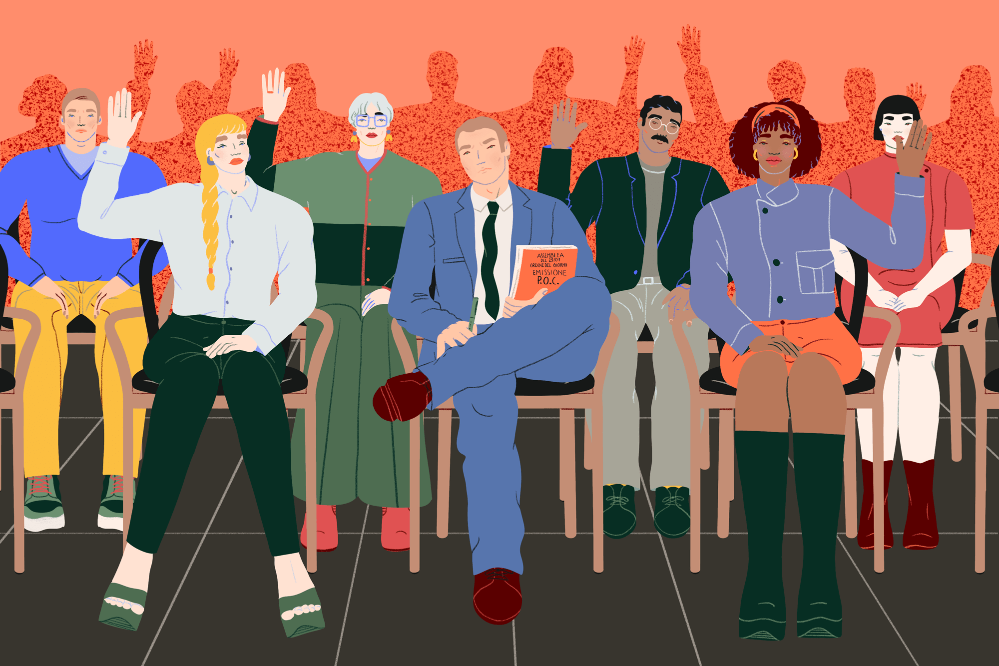 Assemblea di persone sedute con alcuni che alzano la mano.