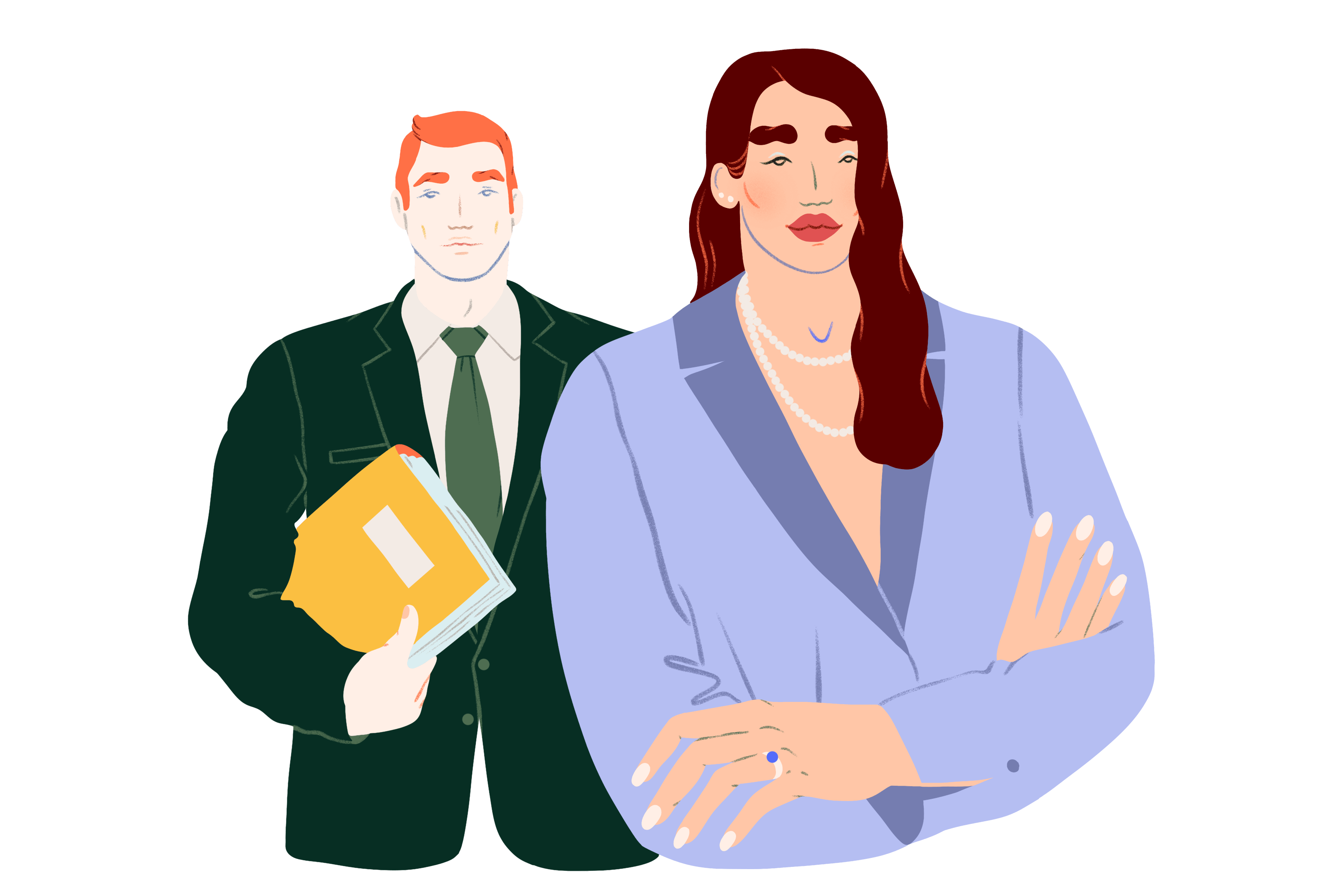 Due professionisti in abiti formali, un uomo con documenti e una donna con collana di perle.